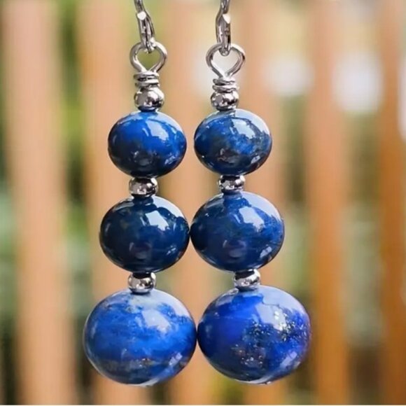 Beautiful Handcrafted Long Silver & Blue Beaded Electro-Plated Drop Earrings - Picture 2 of 2